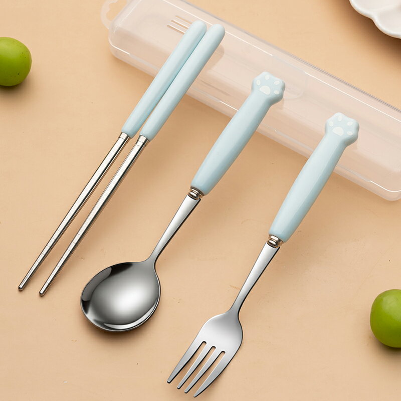 單人可愛貓爪陶瓷柄筷子便攜餐具三件套兒童叉子勺子筷子盒套裝