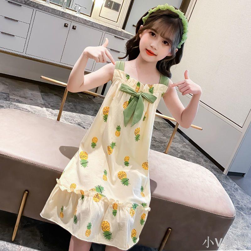 兒童吊帶睡裙夏季純棉親子家居服女孩寬松中大童母女全棉薄款睡衣
