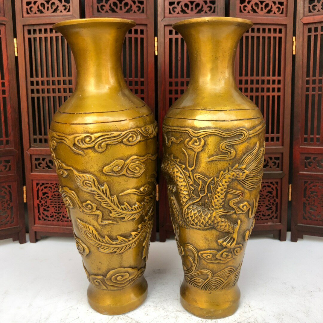 銅器銅龍鳳呈祥花瓶工藝品擺件 純銅花瓶黃銅花瓶