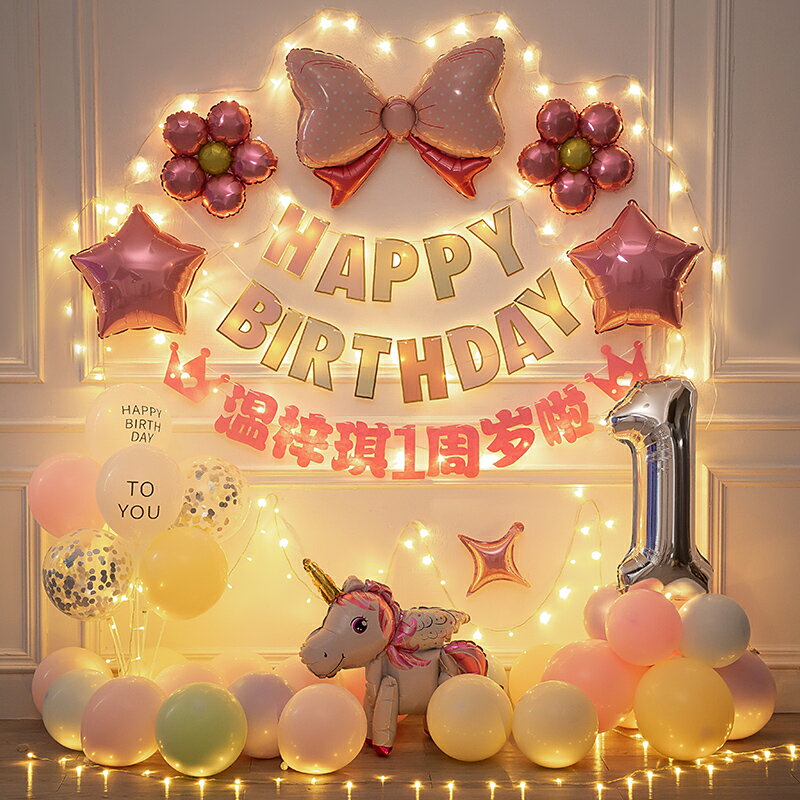 女孩一週歲女寶寶生日氣球裝飾用品兒童派對背景墻場景佈置小公主
