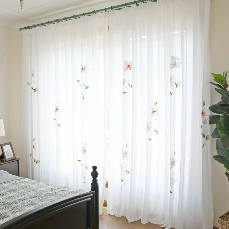手繪紗 韓式田園清新半透紗簾中式客廳臥室飄窗簾成品定制窗紗