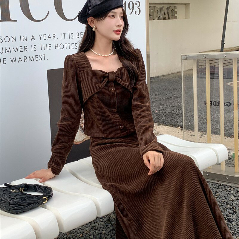 【巴黎精品】現貨+預購 休閒套裝長袖裙裝-甜美減齡方領蝴蝶結A字裙女裝3色w1af56