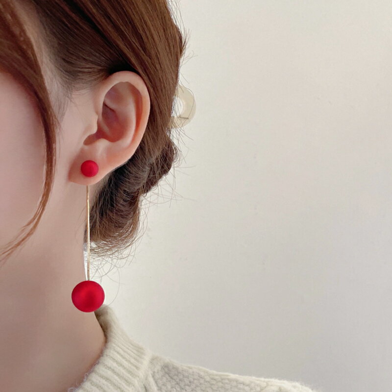 紅色雙珍珠耳環秋冬女小眾設計感耳釘2021年新款長款流蘇耳墜耳飾