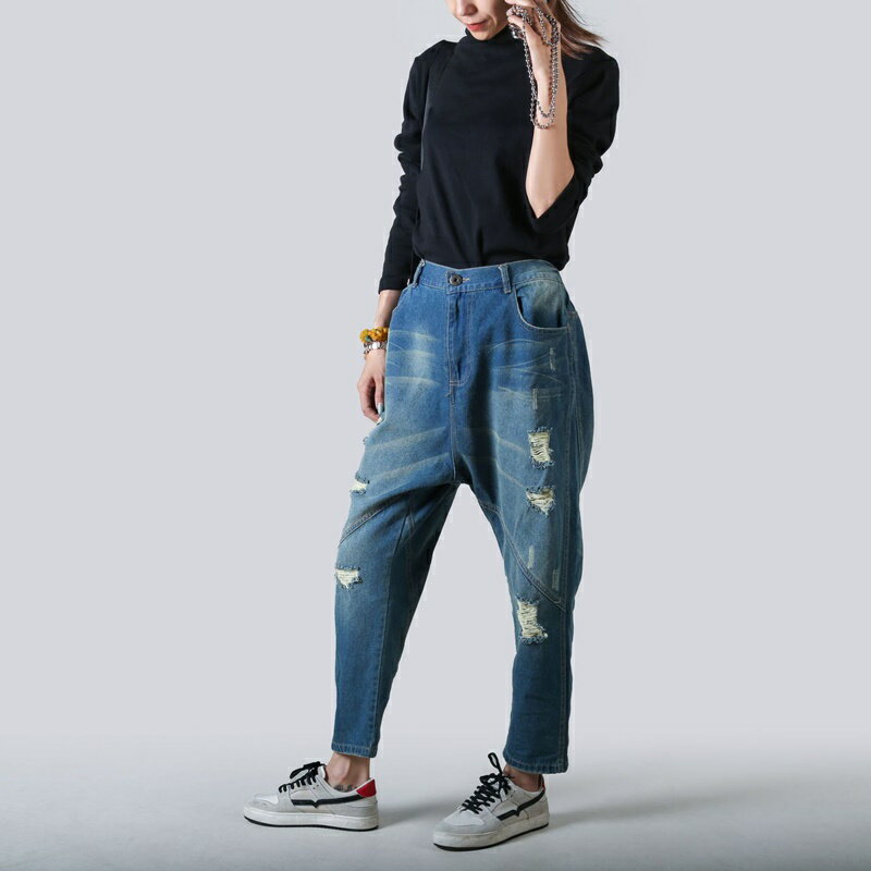 【巴黎精品】牛仔褲休閒長褲-春秋哈倫個性破洞印花女褲子a1ir54