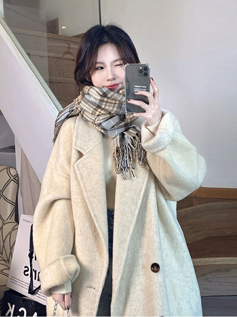 燕麥色呢子大衣女2024秋冬季新款高階感小個子羽絨內膽羊毛呢外套【淘夢屋】