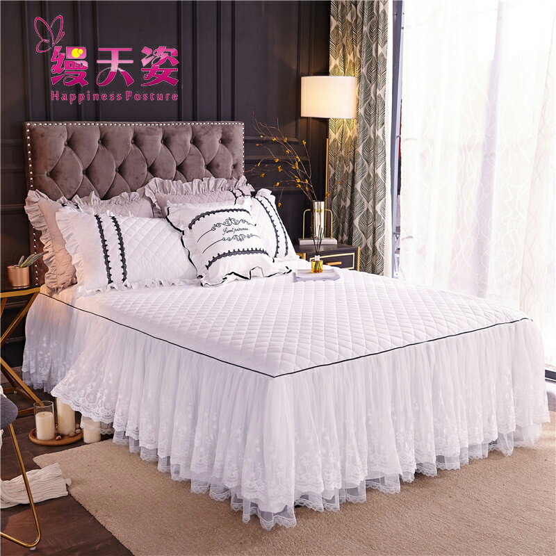 全棉蕾絲邊床裙式床罩單件純棉加厚夾棉床套防滑床單1.5m/1.8米床