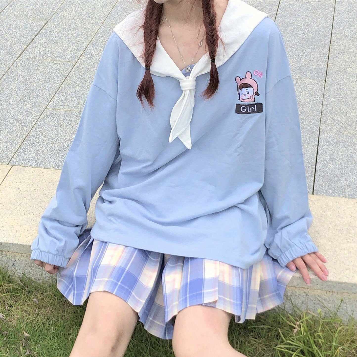 日系軟妹學院風學生海軍領長袖T恤女刺繡寬松休閑可愛秋季女上衣