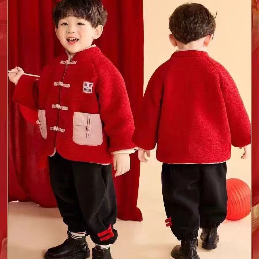 男童拜年唐裝加厚女童外套新年漢服紅色喜慶中國周歲兒童寶寶衣服