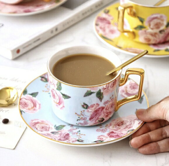 茶具咖啡杯歐式小奢華金邊咖啡杯套裝英式下午茶杯鄉村風-黃/粉/藍【AAA5030】