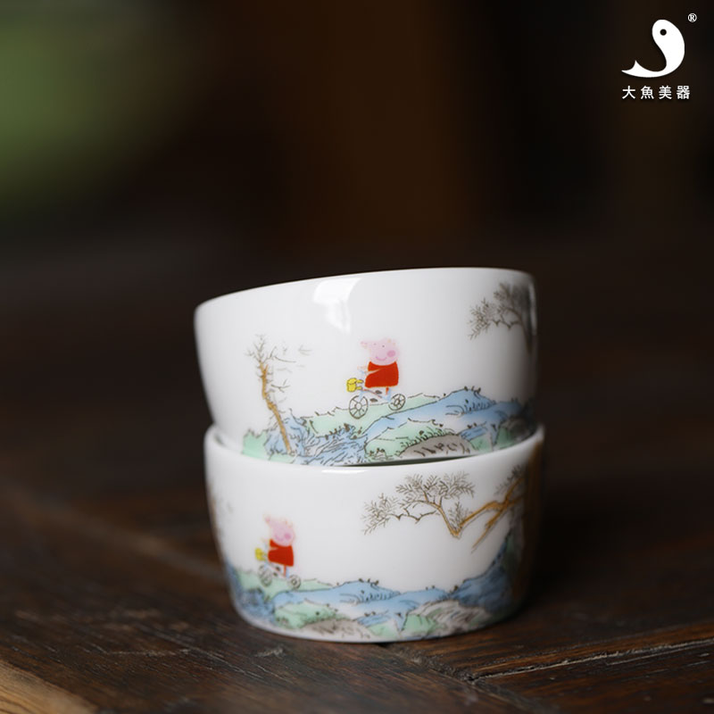 山水小豬茶杯陶瓷社會人杯景德鎮半手繪茶具品茗杯春遊山水主人杯1入