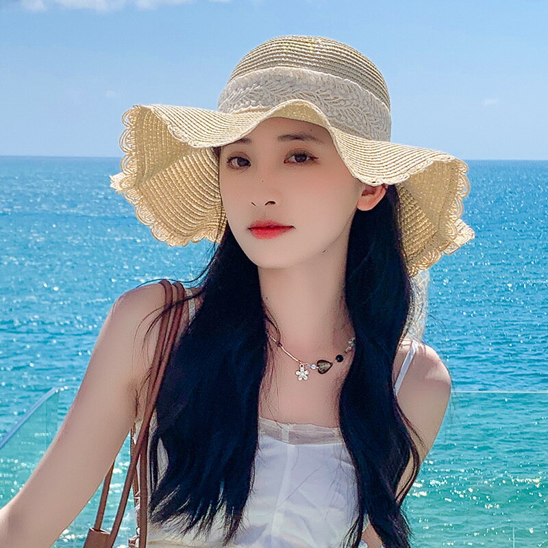 2024新款草帽海邊沙灘帽子女夏季百搭時尚太陽帽防曬紫外線遮陽帽