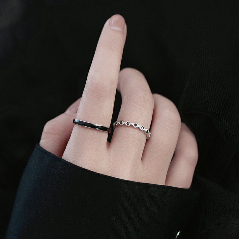 黑白組合S925銀戒指女簡約ins潮小眾設計時尚個性網紅冷淡風手飾