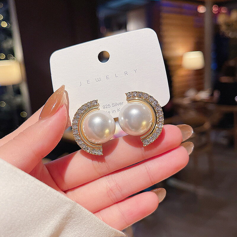S925銀針韓國網紅圓圈精致鑲鉆耳環女簡約氣質個性珍珠耳墜耳飾品