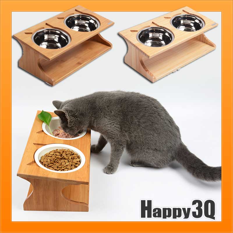 寵物貓咪餐桌餵食容器實木貓碗架雙碗不鏽鋼碗陶瓷碗寵物碗-松木/竹木【AAA1630】