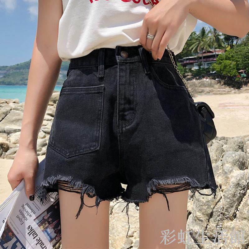 夏季韓版個性口袋破洞高腰牛仔短褲女寬松百搭顯瘦毛邊闊腿熱褲潮