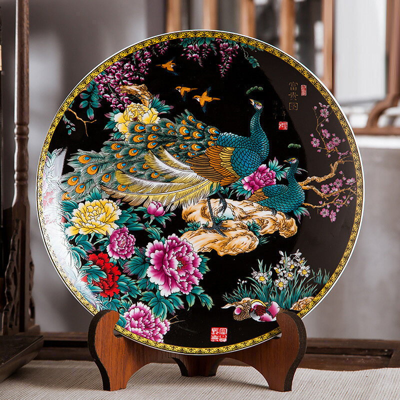 陶瓷盤擺件家居裝飾掛盤工藝客廳酒櫃孔雀富貴圖裝飾盤