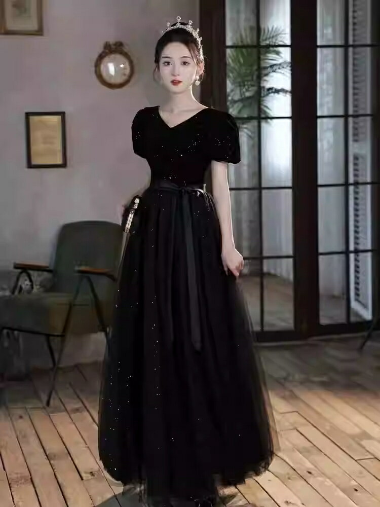 晚禮服連身裙 黑色晚禮服女高階感名媛氣質輕奢宴會合唱演出服指揮比賽生日主持