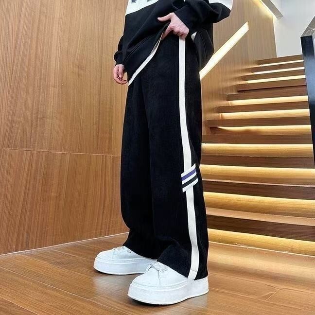 側條紋運動褲 直筒褲 運動褲 長褲 褲子 春秋季重磅直筒褲子寬鬆休閒美式側條紋運動褲ins 韓版男裝 春夏秋男裝 春夏裝
