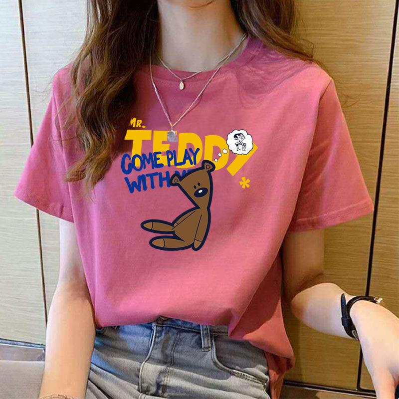 100%純棉寬松短袖T恤女2024夏季新款韓版百搭印花大碼T恤女裝上衣