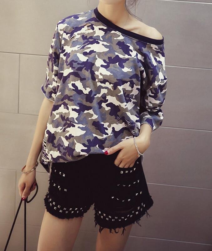 FINDSENSE MD 韓國時尚 女 迷彩 寬鬆大碼 小破洞卷邊 中長款 短袖T恤 上衣 學生T