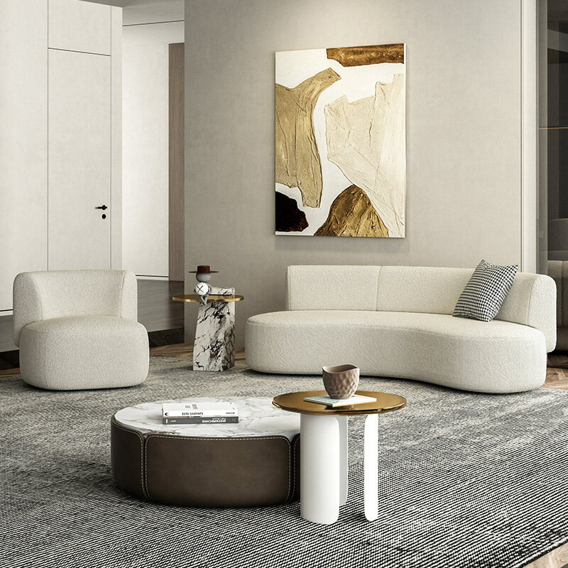北歐布藝沙發客廳小戶型羊羔絨創意弧形輕奢科技布設計師白色沙發