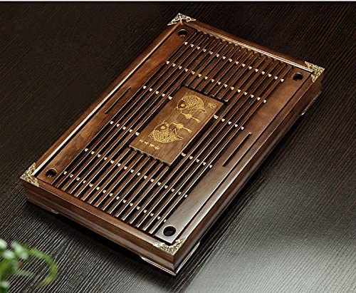 【日本代購】【王者堂】中國式茶具茶具茶具茶盤茶臺套裝木製排水式茶盤儲水式茶盤茶盤竹茶道道具茶海製造商TDー003 (※不含黃瓜、茶杯)收藏所藏收藏用茶色實木【 年有餘】 設計【 福魚驅除厄運】