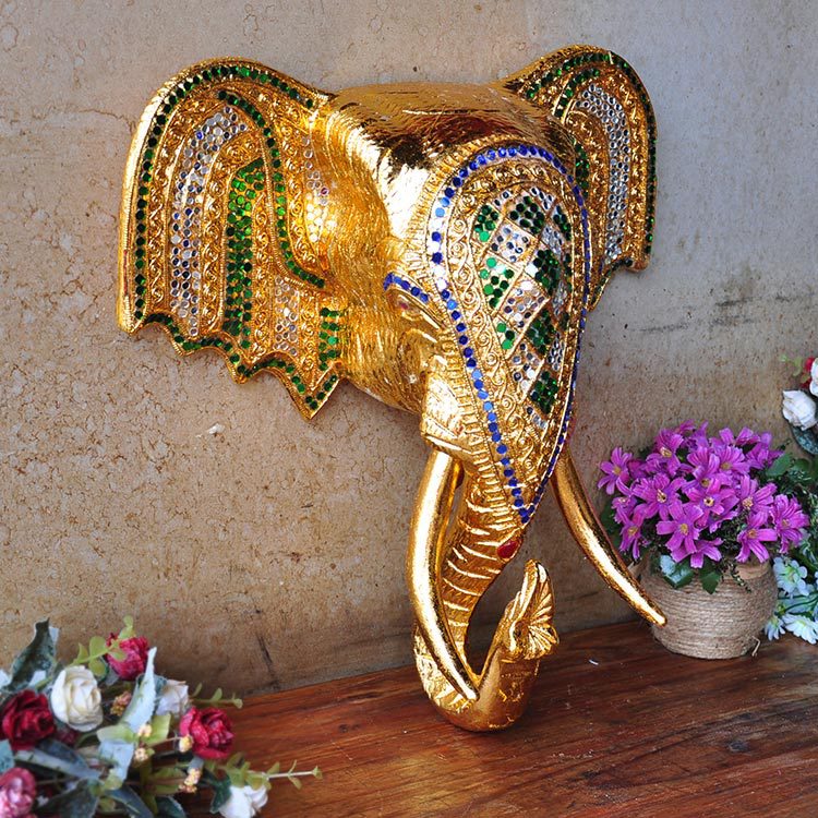 進口純實木雕刻大象頭壁掛墻壁裝飾招財東南亞風餐廳電視墻上掛件