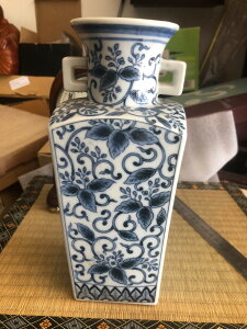 日本回流青花花瓶青花四方花器插花花瓶