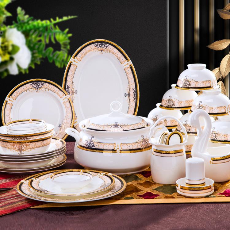 【現貨】餐具套裝28頭金色維也納景德鎮陶瓷餐具歐式金邊碗盤碗碟套裝 全館免運