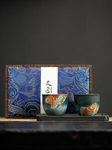 陶福氣 復古品茗杯陶瓷功夫茶具茶盞對杯輕奢三件套茶杯禮盒套裝