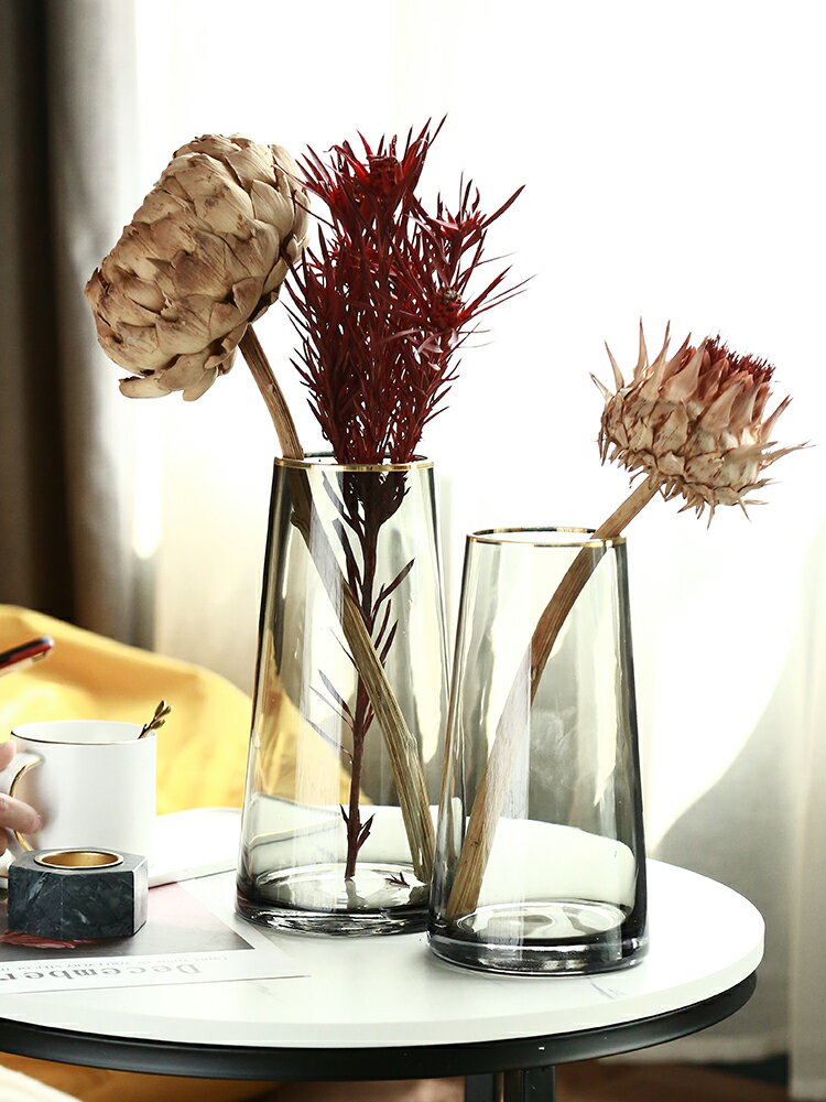 北歐輕奢玻璃花瓶透明簡約現代客廳插花擺件水培餐桌電視柜裝飾品