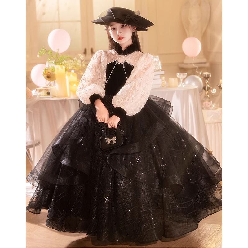 【精緻釘珠】黑色兒童禮服高階花童主持人2025新款女童生日公主裙小女孩演出服