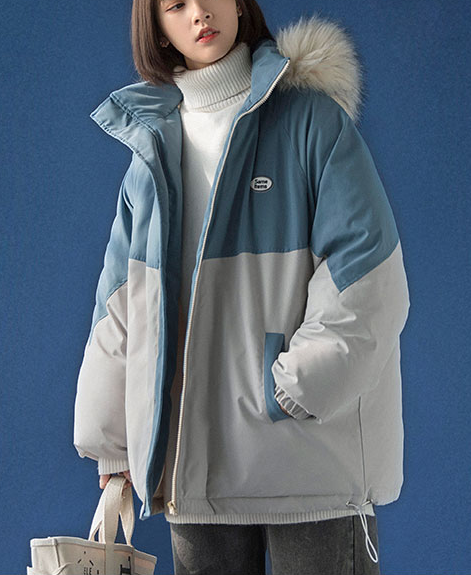 FINDSENSE X 女秋冬大毛領棉服韓版寬鬆時尚拼色棉襖外套