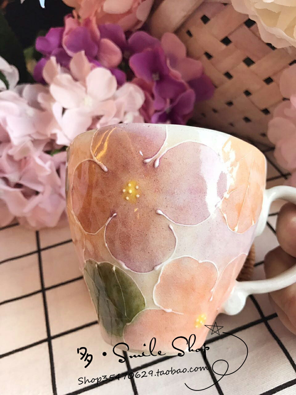 瀨戶燒釉下彩繁花花卉花朵手繪彩瓷馬克杯水杯櫻花杯子