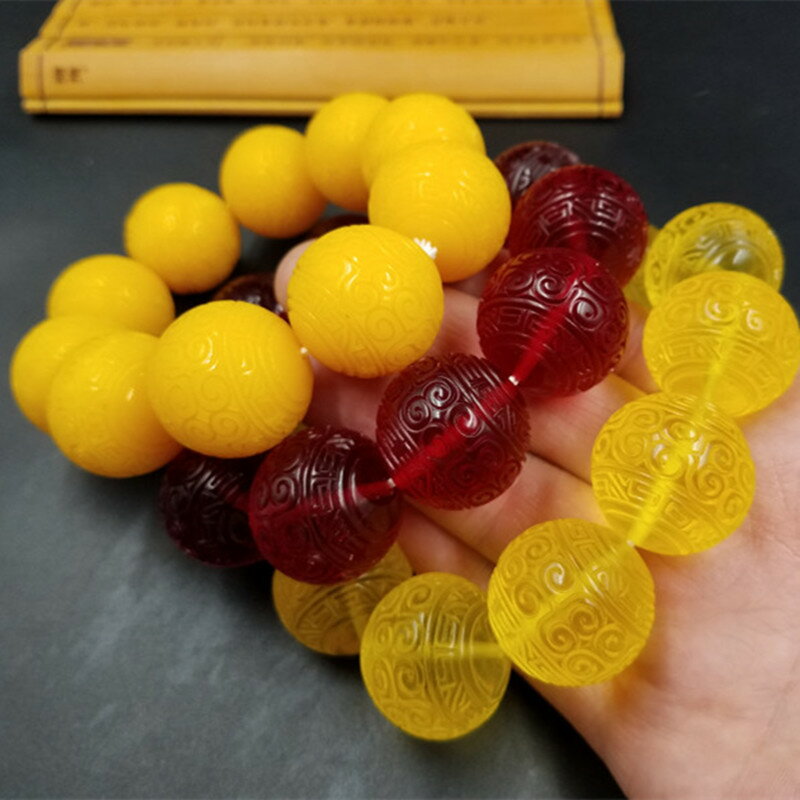 高檔精美熒光浮鹽水蜜蠟回紋珠手鏈血泊回紋珠手鏈老蜜蠟手串
