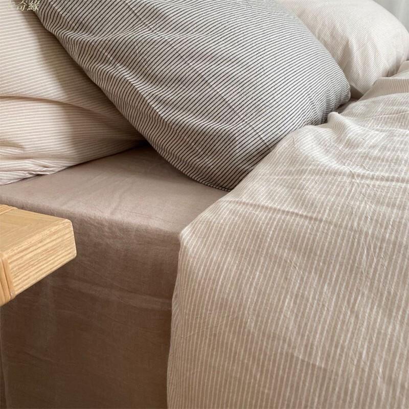 日式全棉清新細條紋水洗棉床包組 純棉簡約床包床單被套被套枕頭套單人雙人加大 棉床上用品