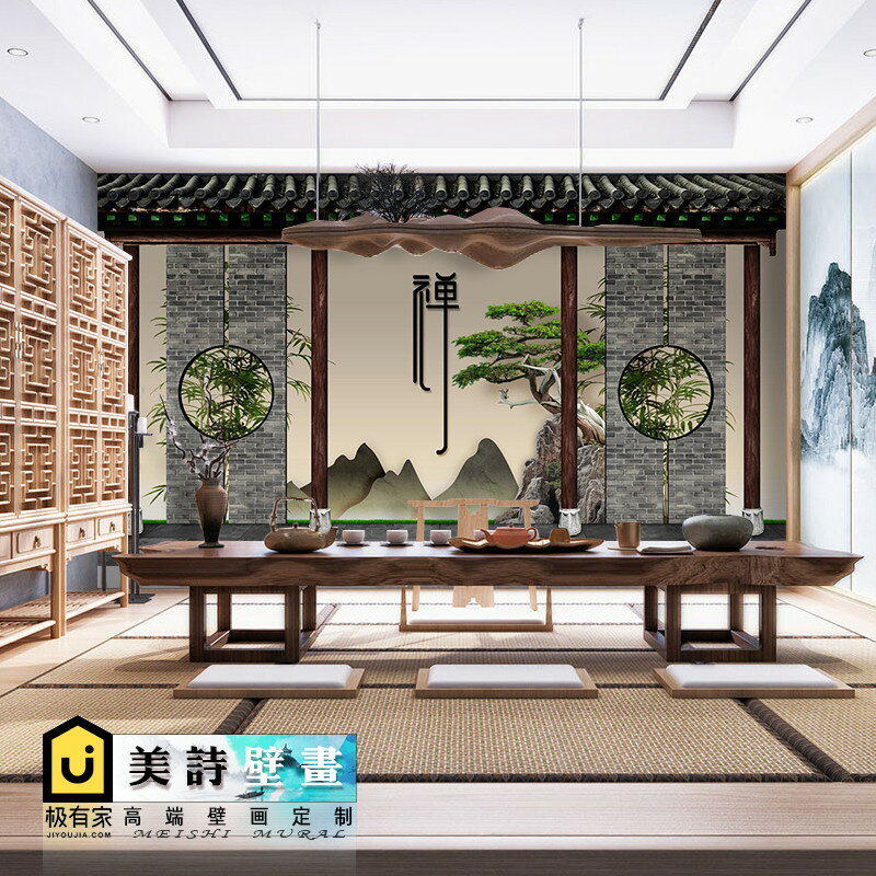 3d中國風徽派建築屋簷桌布中式園林景觀庭院裝飾飯店酒樓裝修墻紙