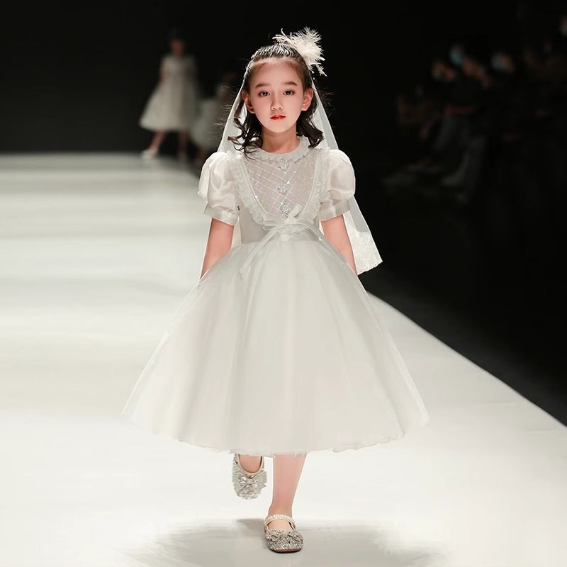 兒童禮服公主裙白色花童婚禮小女孩走秀女童主持人鋼琴演出服高階