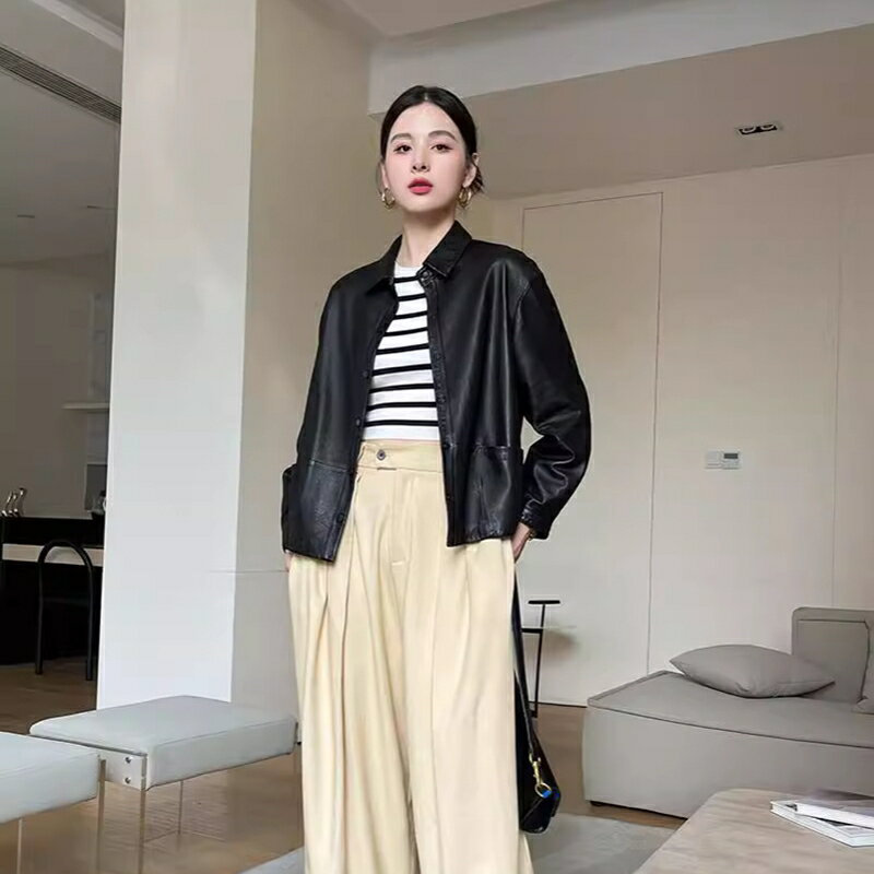 【巴黎精品】皮衣外套真皮夾克-羊皮短版寬鬆休閒女外套黑色a1iw13
