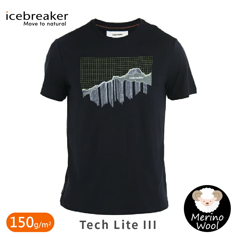 【Icebreaker 男 Tech Lite III圓領短袖上衣(板塊世界)-150《黑》】0A56X2/排汗衣/羊毛短T