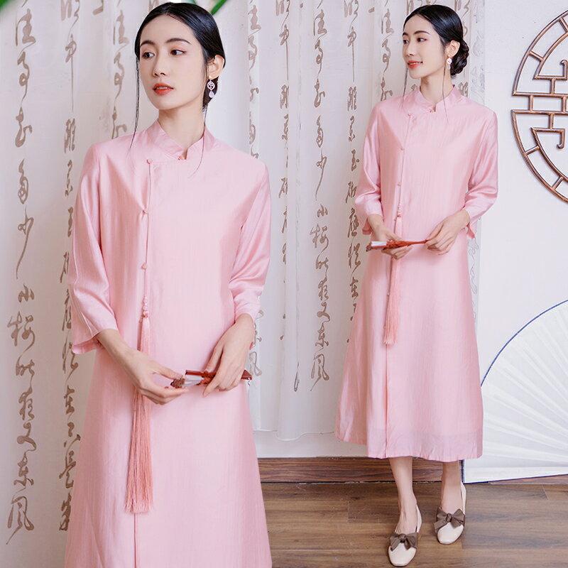 改良漢服禪意寬松仙氣復古絲綢旗袍連衣裙日常中式茶藝服女士唐裝
