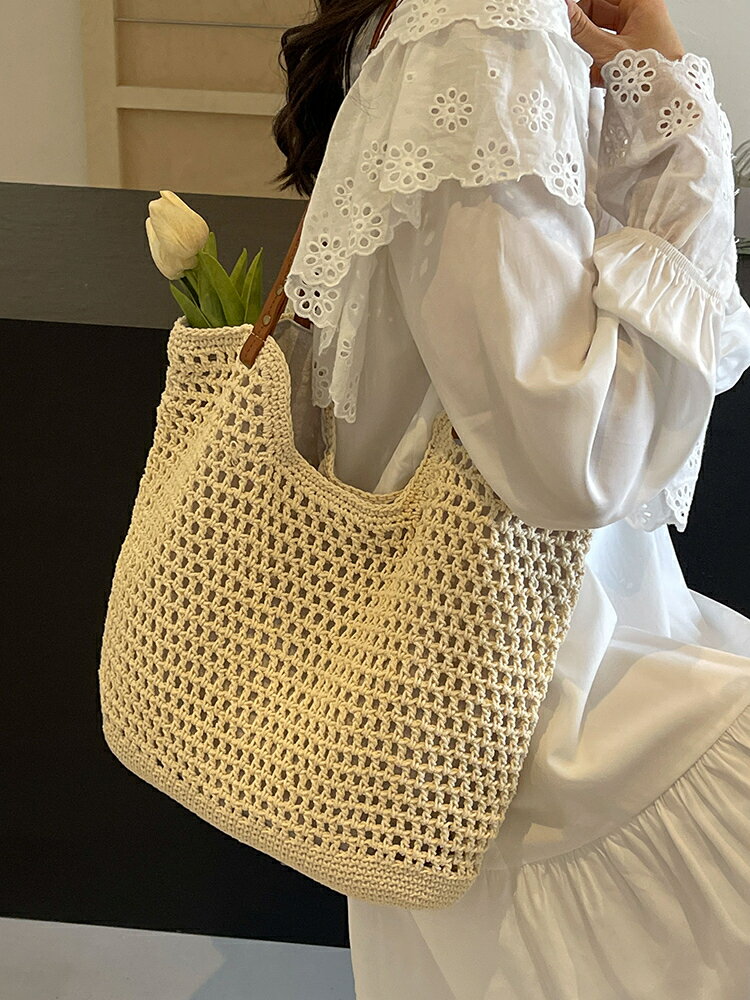 大容量手工編織包包女士2024新款草編包沙灘度假單肩包通勤托特包【雲木雜貨】