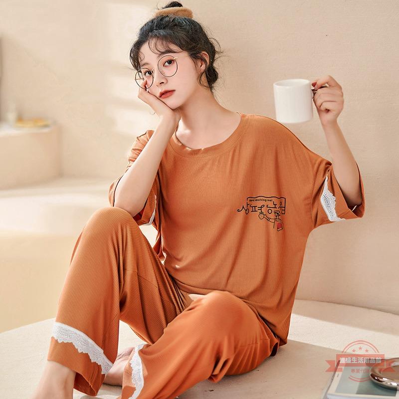莫代爾睡衣女短袖長褲夏季天薄款純色甜美蕾絲簡約少女舒適家居服