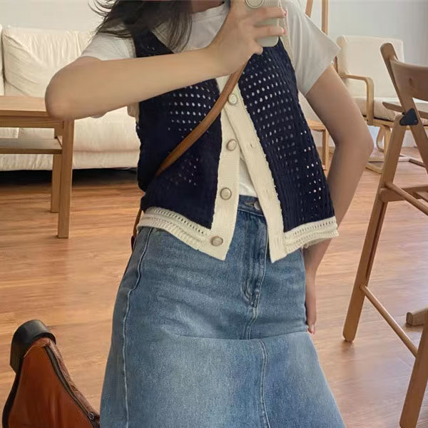 ANNAS 正韓 小香 洞洞 背心 無袖 上衣 針織衫 條紋 外套 外搭 金屬釦 珍珠釦 韓國 7