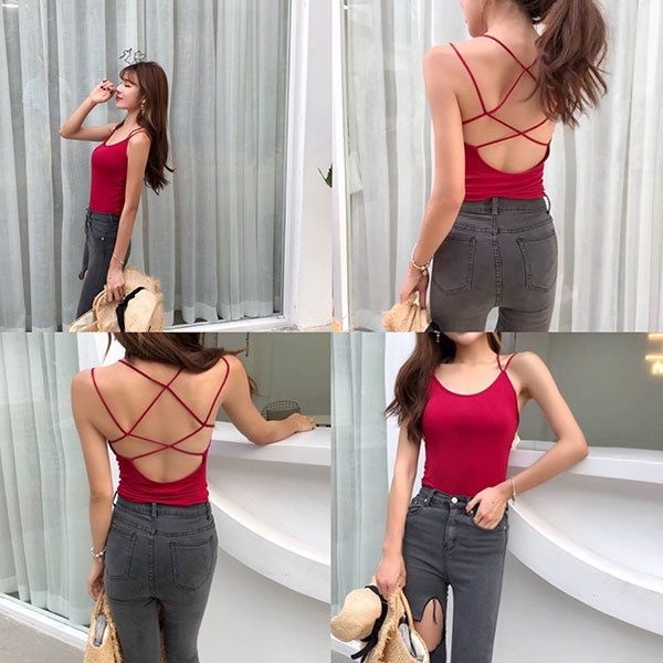 ANNAS 多色美背罩杯背心 長版美背爆乳胸墊細肩帶交叉露背條紋性感小可愛 顯瘦素面百搭彈性海邊比基尼 4