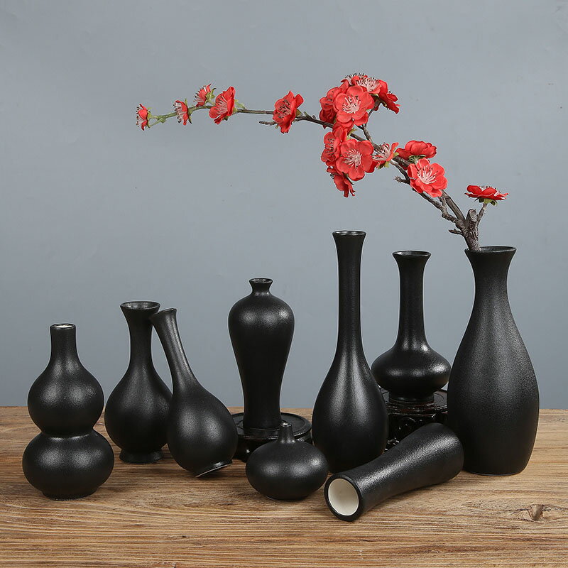 黑色陶瓷花瓶凈瓶小花瓶復古擺件器干花粗陶創意客廳水培居家裝飾
