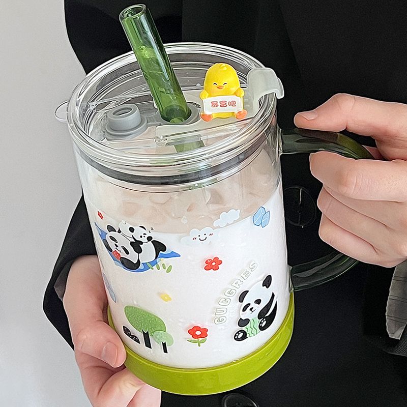 熊貓水杯大容量玻璃杯辦公室上班族喝水印花杯子ins高顏值1000ML
