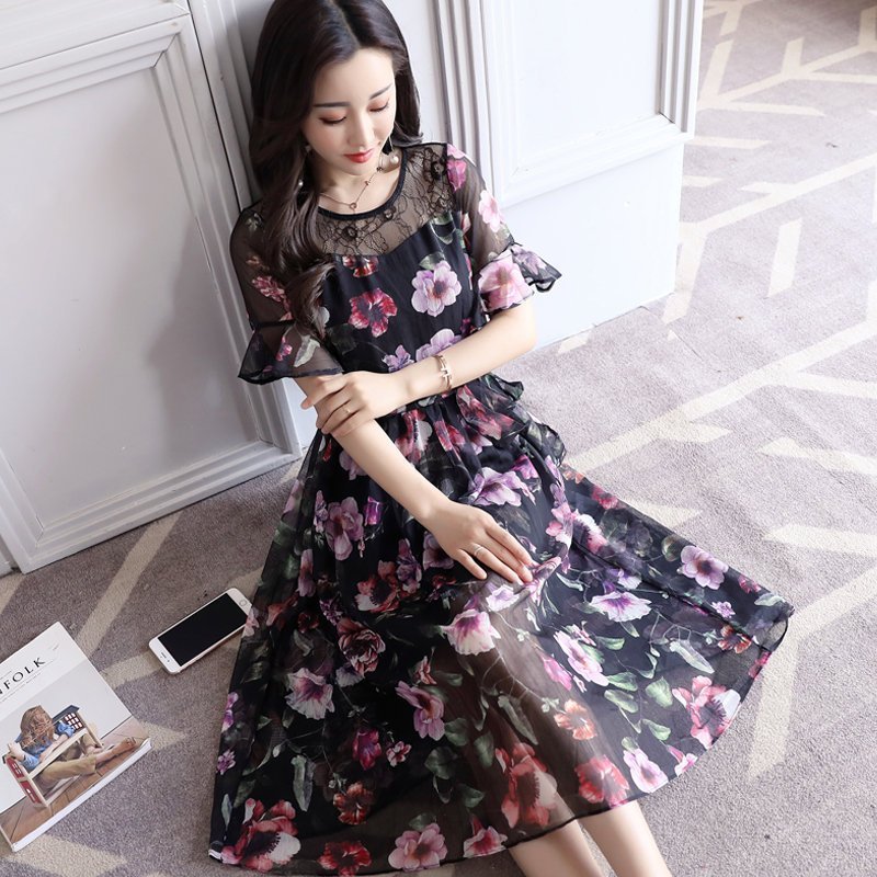 FINDSENSE G5 韓國時尚 短袖 圓領 蕾絲 拼接 高腰 修身 花色 中長款 連身裙