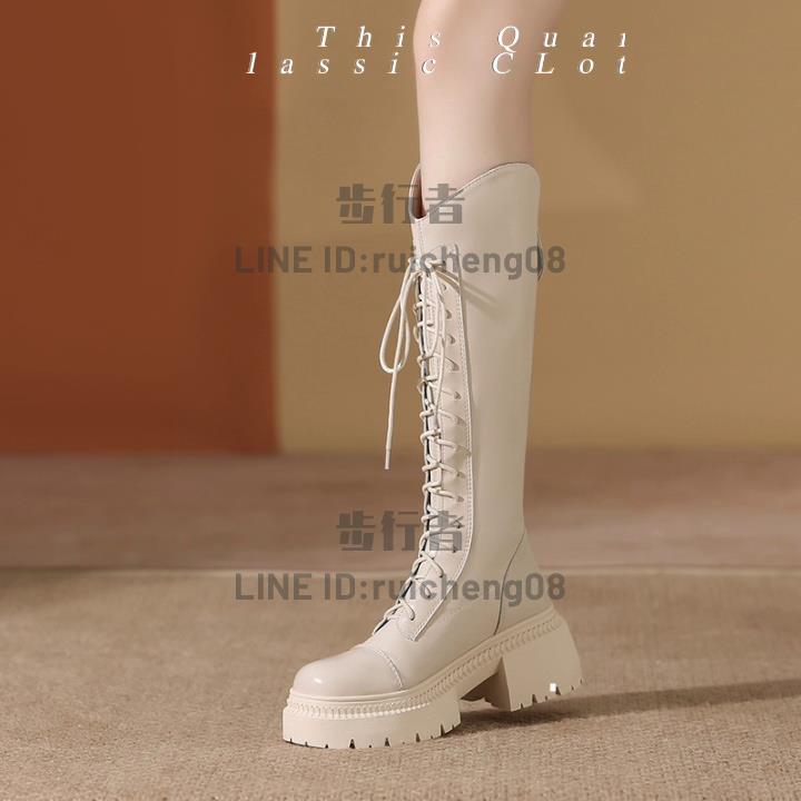不過膝長筒靴女秋冬季V口系帶長靴白色顯瘦高筒騎士靴【步行者戶外生活館】