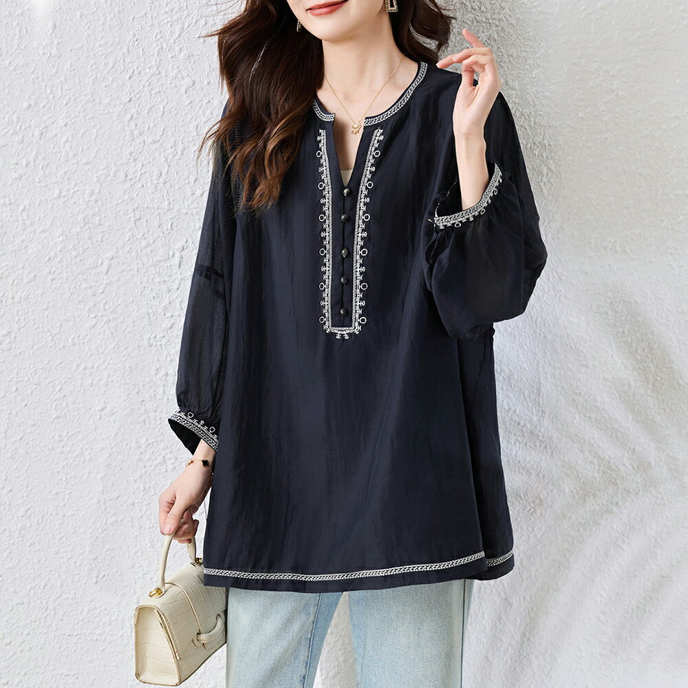 ＊ORead＊刺繡撞色休閒上衣(藏青色M~5XL)【限定加碼✿全館滿額再折】
